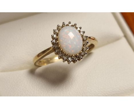 9ct Gold, Opal &amp; Diamond Cluster Ring, size N