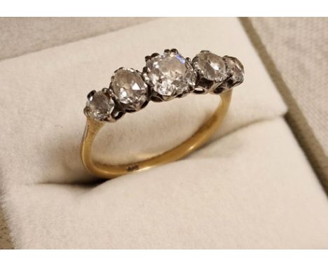 18ct Gold &amp; Five Diamond Eternity Ring, total diamond (old cut stones) carat weight at 2ct+, 3.45g &amp; size S - central