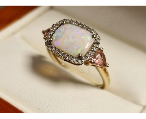 9ct Gold, Opal, Diamond &amp; Pink Tourmaline Dress Ring, size K