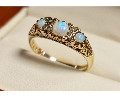 9ct Gold , Opal &amp; Diamond Gyspy Ring, size N &amp; 2.45g