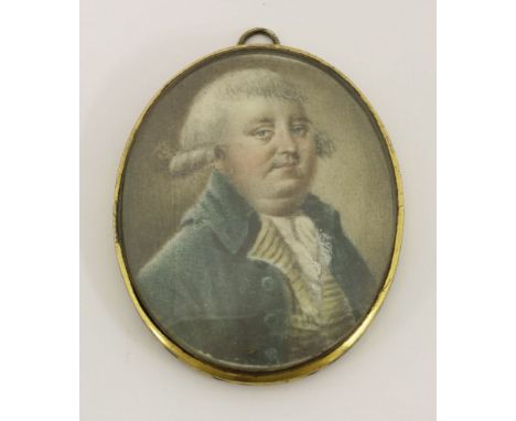 English School, late 18th centuryPORTRAIT OF A GENTLEMAN, HALF LENGTH, IN A GREEN COAT AND STRIPED WAISTCOATMiniature on ivor