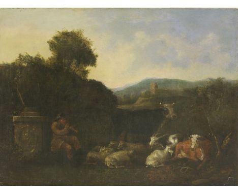 Follower of Dirck van BergenA LANDSCAPE WITH CATTLE AND GOATS AND A GOATHERD PLAYING A PIPEOil on canvas50 x 64cm, unframed