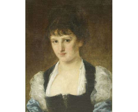 Paul-Adolphe Rajon (French, 1843-1888)PORTRAIT OF A YOUNG WOMAN, BUST LENGTH, IN A BLACK AND WHITE DRESSSigned u.r., oil on c