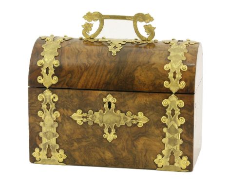 A Victorian walnut and brass-mounted tea caddy, the domed top opening to reveal sprung compartments, engraved black/green,22.