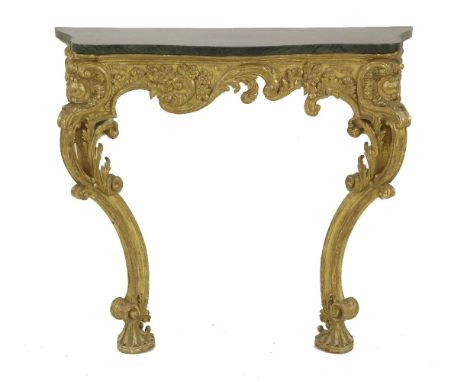 A giltwood console table, 18th century, probably Italian, the frieze with scrolled foliate decoration over pierced scrolled l