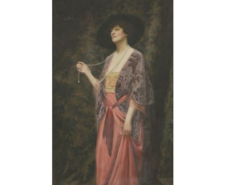 John Frederick Harrison Dutton (fl.1893-1909)PORTRAIT OF MRS MURIEL ASPINALL, FULL LENGTH STANDING, IN A PINK DRESS WITH A PU