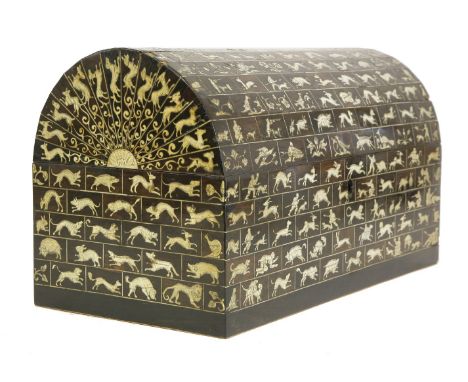 A domed top box,South German, 16th century, the small bone panels engraved with scenes of hunting with dogs and falcons, also