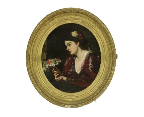 Edward Charles Barnes (1830-1882)PORTRAIT OF A SPANISH LADY, WEARING A RED DRESS AND PEARLS, HOLDING FLOWERSSigned l.r., oil 