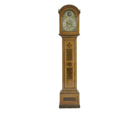 A longcase clock,the case later veneered in walnut marquetry, the 12in arched brass dial with rocking Old Father Time in the 