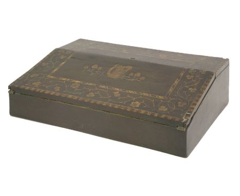 A Killarney marquetry writing slope,mid 19th century, the yew wood ground with central Celtic harp, encompassed by a foliate 