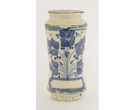 An albarello vase,late 17th century, with blue flower panel over a vacant cartouche, chips,24.5cm high