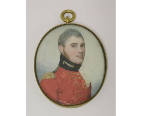 Frederick Buck (1771-1840)PORTRAIT OF AN OFFICER IN A SCARLET UNIFORM, BUST LENGTHMiniature on ivory65 x 51mm