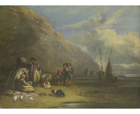 J... M... McLean (?)FISHERFOLK ON A SHOREIndistinctly signed l.r., indistinctly inscribed on label verso, oil on board18 x 22