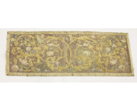 An Italian floral silk embroidery, 17th century, with coral beads,70 x 174cm