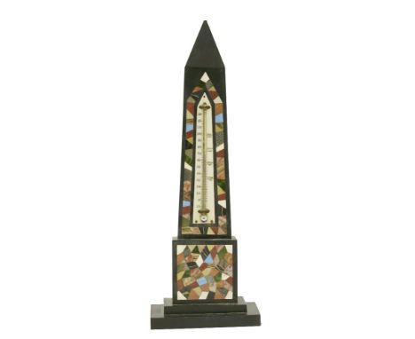 A Victorian Ashford marble obelisk desk thermometer, the front inlaid with polished hardstones, with an ivory register,34cm h