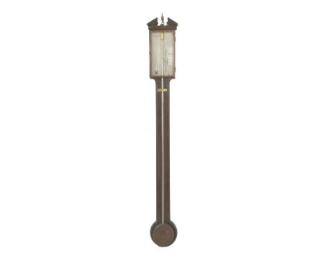 A George III mahogany stick barometer, the silvered register inscribed 'A Alberti, Sheffield', with an hinged front, replacem