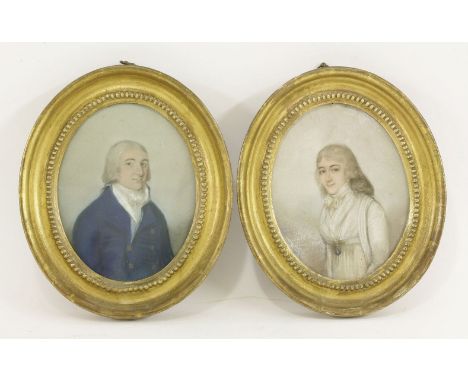 Circle of John Raphael Smith (1751-1812)PORTRAIT OF RICHARD DOBSON, HALF LENGTH, IN A BLUE COAT;PORTRAIT OF HIS WIFE ELIZABET