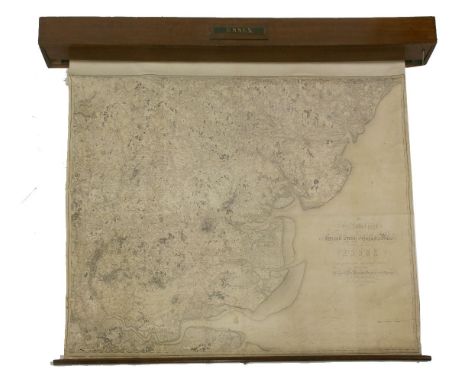 A large wall map of Essex, the hinged top revealing the rolled map, inscribed 'Part the First of The General Survey of Englan