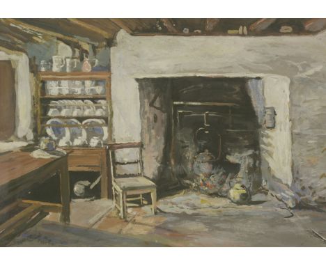*R M Patterson (Irish, 20th century)'A COTTAGE KITCHEN, COUNTY MAYO'Signed and dated 1930 l.l., inscribed on label verso, gou