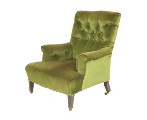 An Howard & Sons green upholstered armchair, with a button back, inscribed '6870 128 Howard & Sons Ltd, Berners St.'