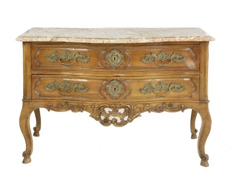 A Louis XV marble top walnut commode, of serpentine form, with a wide moulded edge, over two drawers with scrolled handles, 1
