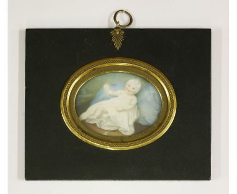 English School, early 19th centuryPORTRAIT OF A BABY RESTING ON A PILLOW AND HOLDING A TEETHING RINGMiniature on ivory, oval6