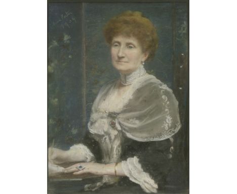 Maud Porter (fl.1880-1905)PORTRAIT OF A LADY, HALF LENGTH SEATED, IN A BLACK DRESS AND PEARL CHOKERSigned and dated 1904 u.l.