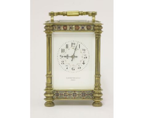 A brass and cloisonné carriage clock,the enamelled face with Arabic numerals, painted garlands of flowers, inscribed 'Elkingt