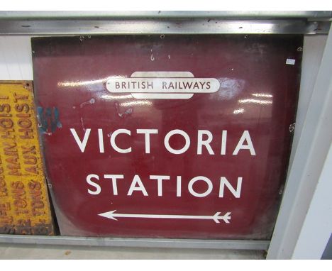 A large enamel BR (M) station sign for Victoria Station with arrow pointing left, 50.5" x 47" 