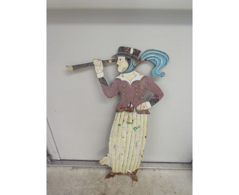 A vintage painted weather vane of a period dressed lady looking through a telescope, 32" tall  