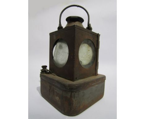An LNER signal lamp interior stamped PETERBORO E with brass burner