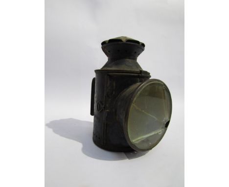 A railwaymans hand lamp, no handle, glass a/f