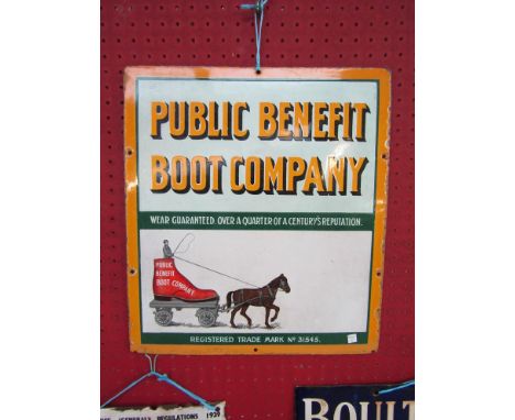 An enamel sign: Public Benefit Boot Company, 13.5" x 15" 