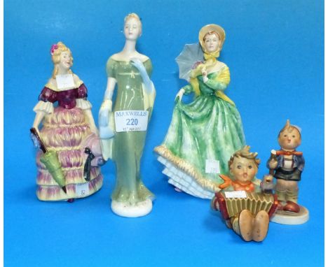 Two Royal Doulton figures 'Elizabeth' HN 2946 and Lorna HN 2311, a similar lady and 2 Hummel figures