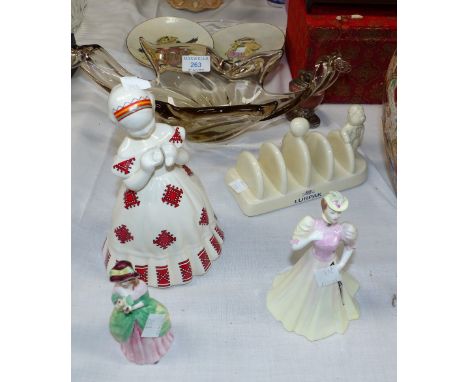 A Coalport figure:  Jacqueline, and 2 other figures; a Murano glass dish; a vintage table lighter; etc.