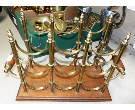 A brass and mahogany wine rack; a modern brass carriage clock; a period style clock