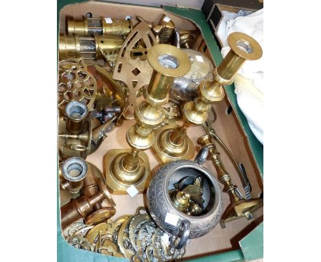A pair of brass candlesticks; decorative miners’ lamps; an oil lamp; other brassware