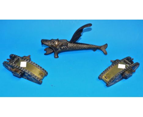 A pair of "trench art" WWI period tanks, 5"; an unusual nutcracker