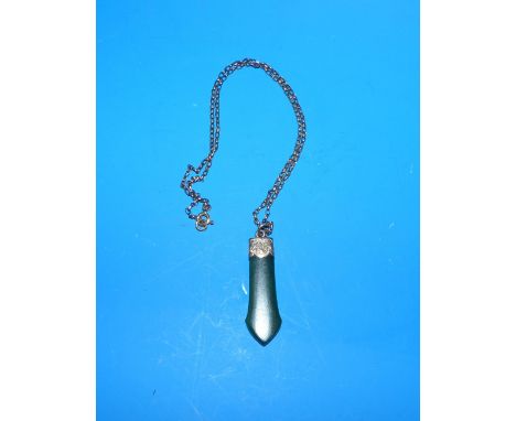 A jade coloured hardstone pendant on fine belcher chain, stamped '9K', chain 2.1 gm