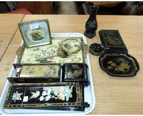 A Chinoiserie dressing table tray and clock; 2 modern oriental table screens; lacquerware