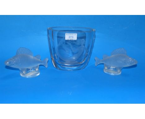 A pair of Lalique perch on circular bases, signed in script; an Orrefors style vase with etched mermaid