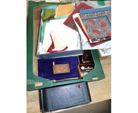 A selection of silk handkerchiefs; vintage folding camera and bric a brac