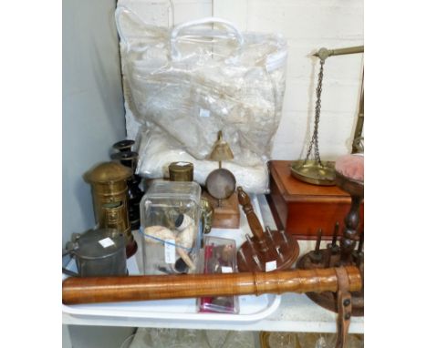 A selection of collectables including a pin cushion bobbin stand; watch stand; Victorian poker stands; pewter cutlery; a lace
