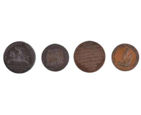 Four British 18th Century copper tokens: Warwickshire Yeomanry, Thomas Welch 2nd Troop, promissory penny, 1799, yeoman at the
