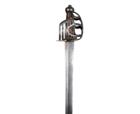 An 18th Century British basket hilted cavalry backsword, broad single edged blade 32 in., two narrow back fullers funning mos