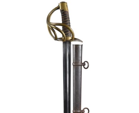 A French model AN XI cuirassier's sword, heavy bi-fullered blade 37.25 in., marked for Klingenthal 1813, modified spear point