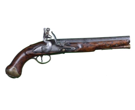 A British 18 bore flintlock pistol, of service type, barrel 9 in. and struck with private Ordnance proof marks; the lock mark