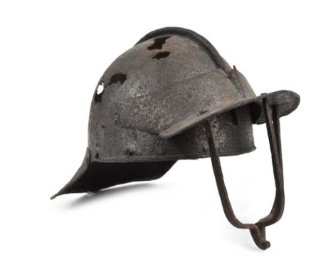 A 17th Century English 'lobster tail' helmet, iron skull with medial ridge, one-piece neck guard with ridges imitating lames,
