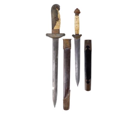 A Chinese Kuomintang air force officer's dress dagger, double edged blade 9.5 in., cast brass hilt, eagle with outspread in r