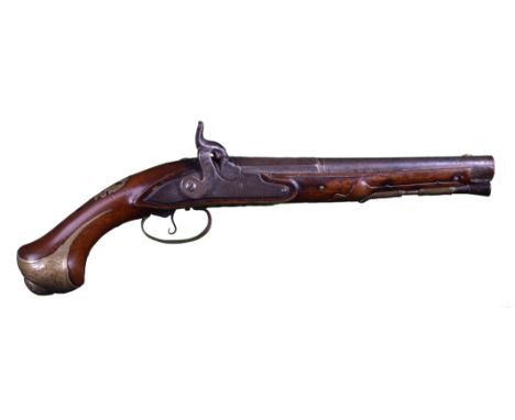 An 18th Century continental 26 bore pistol, converted to percussion, two-stage barrel 9 in., lock engraved with a stand of ar